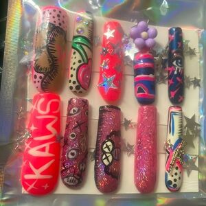 Pink KAWS 👁️👄👁️ Long length press on nails